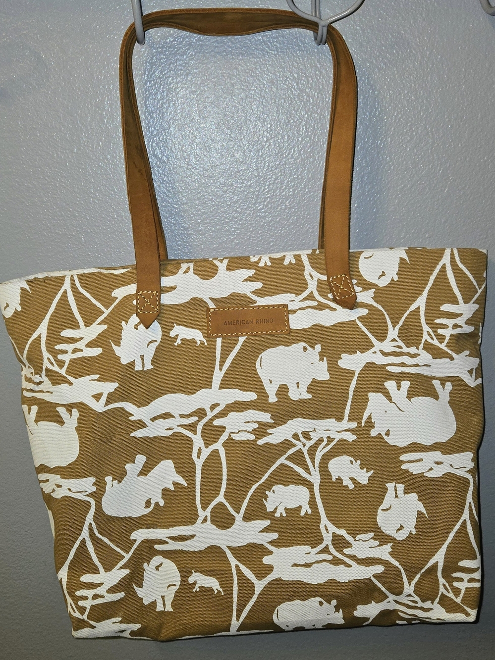 Camel Brown and White Patterned Canvas Tote